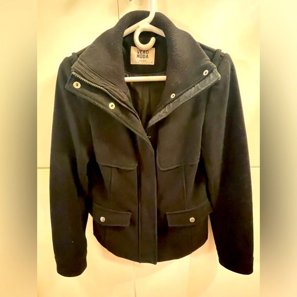 Vero Moda Wool Blend Felt Pea Coat Short Black Jacket. Gently Used. Size XS - Picture 4 of 5